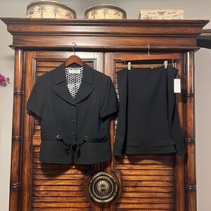 NWT TAHARI ASL Black 2 Piece Suit Ruffle Skirt With Tie and Buttons Blazer 16P